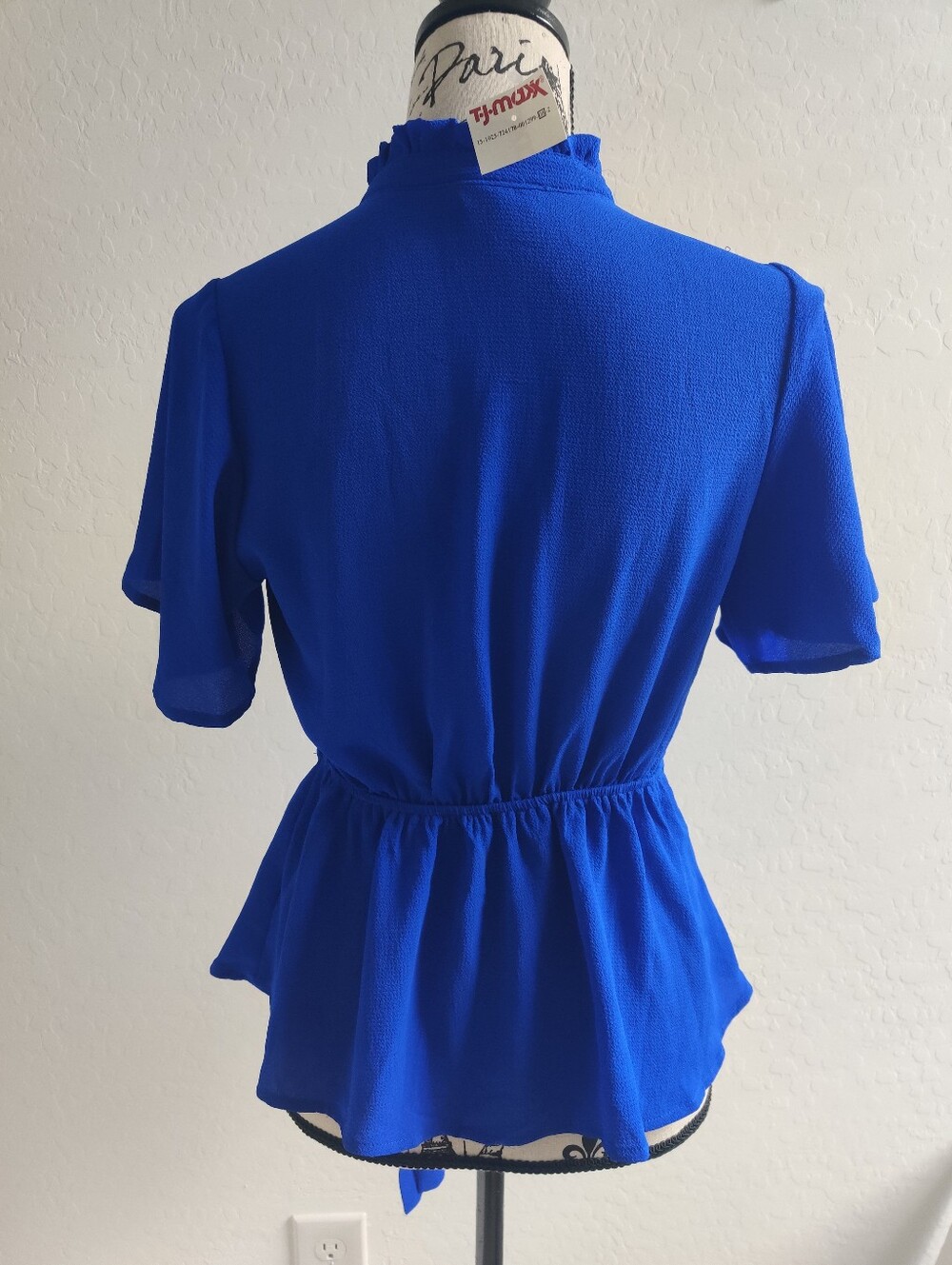 🆕 Monteau Royal Blue High Collar Flutter Sleeves Wrap Style Peplum Top_Small - Picture 3 of 9